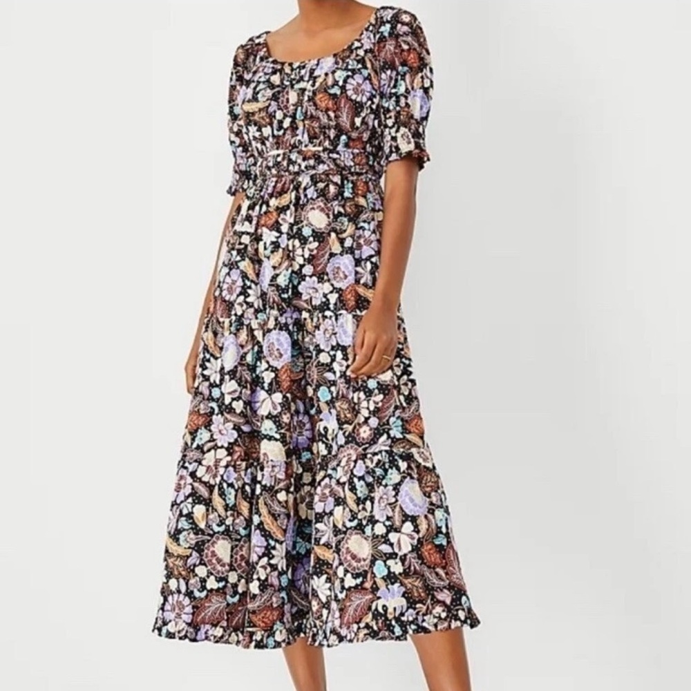 Ann Taylor Womens Batik Floral Print Midi Dress 2 Multicolor Short Sleeve